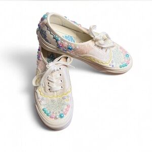 Custom Vans White Pearl-Embellished Canvas Sneakers
